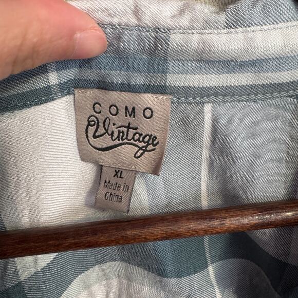 Como Vintage Shirt Size XL Blue Plaid Button Up Short Sleeve Tie Front Casual - Picture 5 of 11